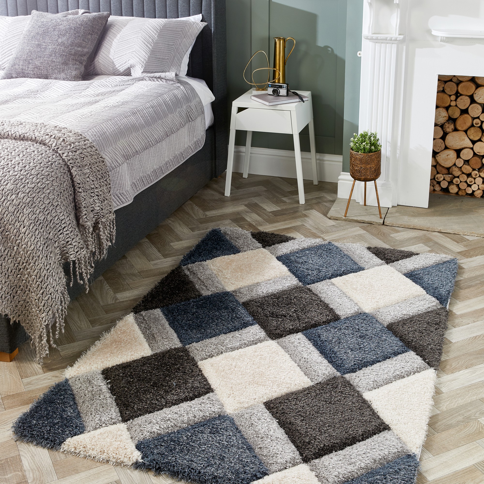 Origins 3d Geo Hand Carved Geometric Shaggy Rugs In Petrol Blue